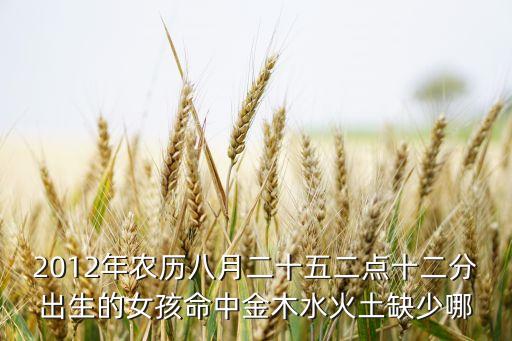 2012年農(nóng)歷八月二十五二點十二分出生的女孩命中金木水火土缺少哪