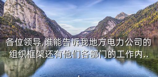 各位領(lǐng)導(dǎo),誰(shuí)能告訴我地方電力公司的組織框架還有他們各部門(mén)的工作內(nèi)...